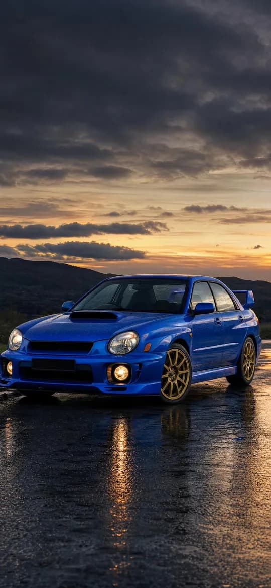 Blue Subaru WRX STI with gold wheels, phone wallpaper
