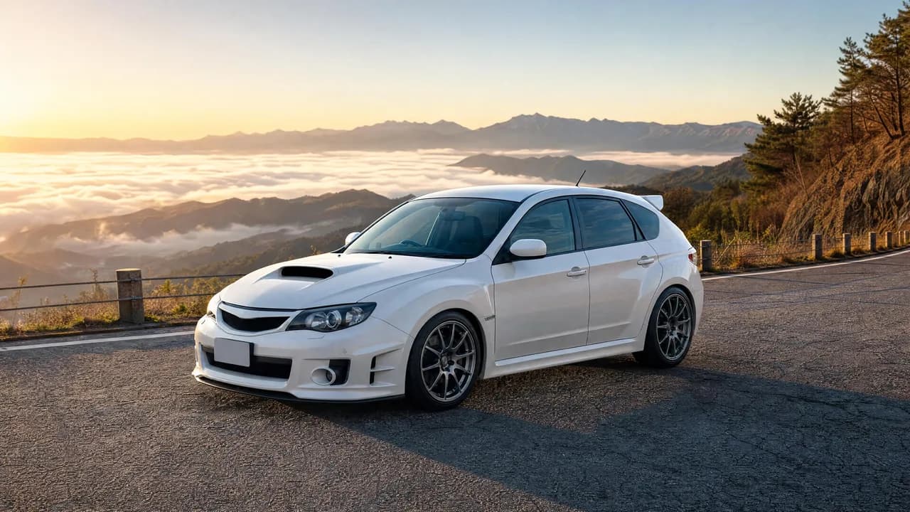 White Subaru WRX STI hatchback on a mountain pass