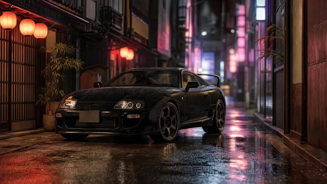 Black Toyota Supra MK4 in a neon Tokyo alley in the rain