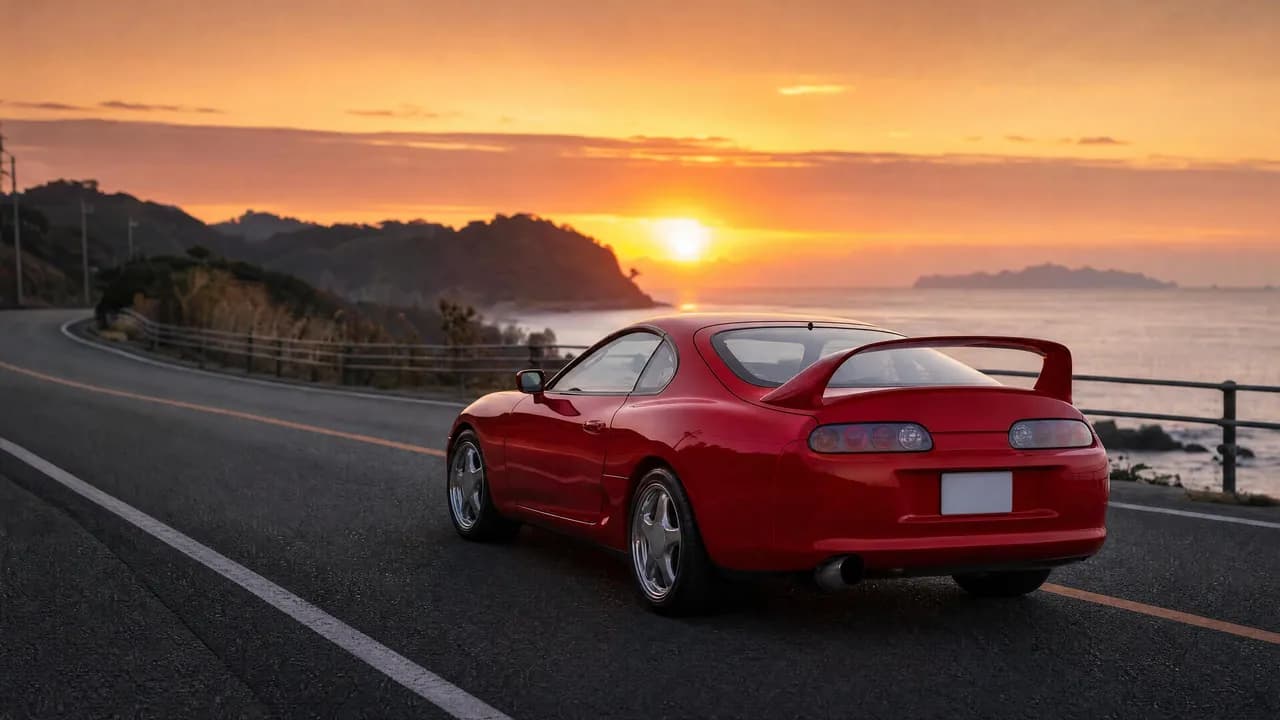 Red Toyota Supra MK4 on a coastal highway at sunset