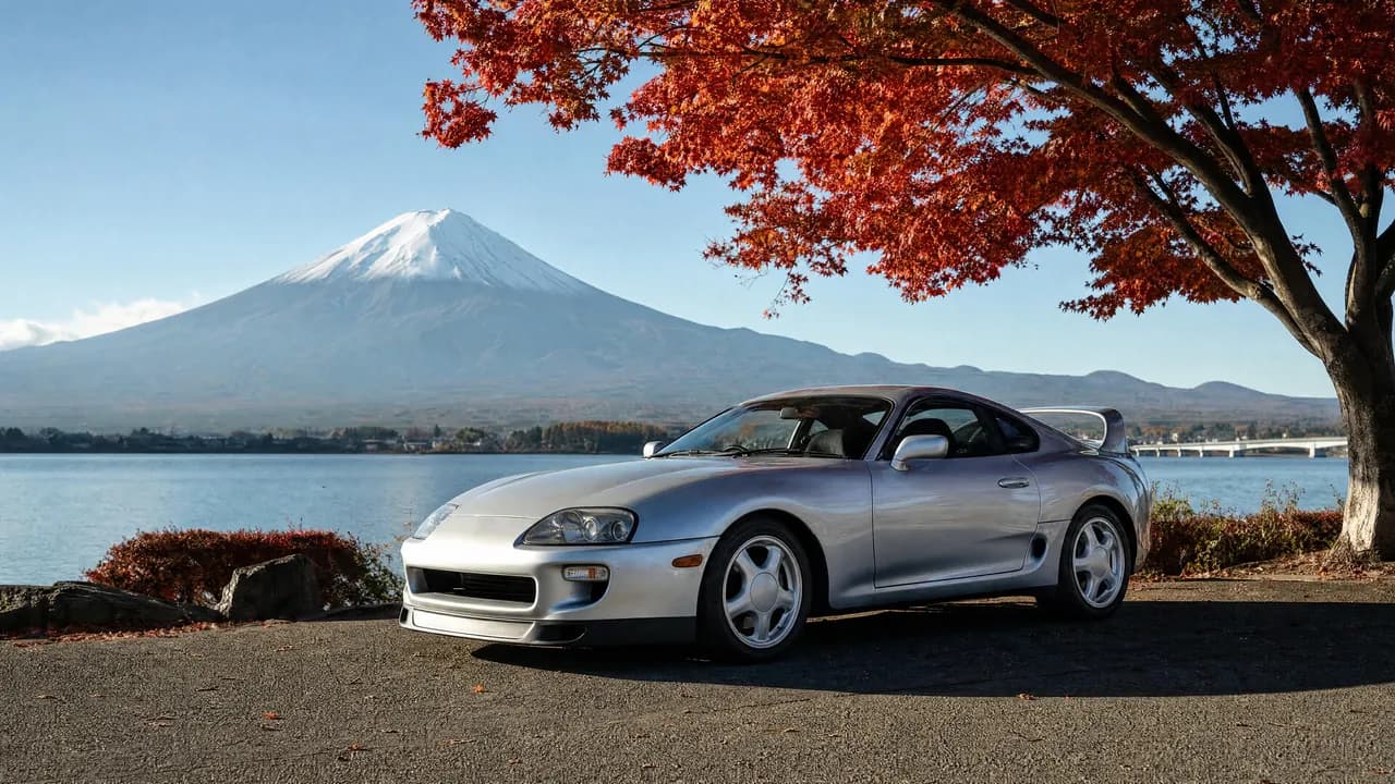 Silver Toyota Supra MK4 with Mount Fuji in autumn