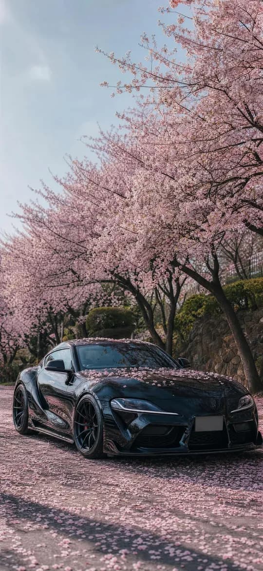 Black Toyota Supra MK5 under cherry blossoms, phone wallpaper