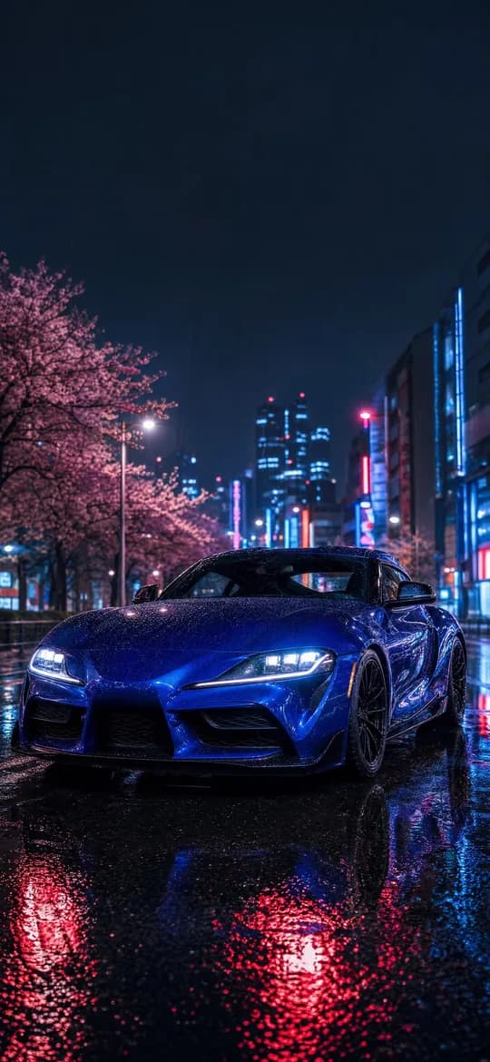 Blue Toyota Supra MK5 in neon rain, phone wallpaper