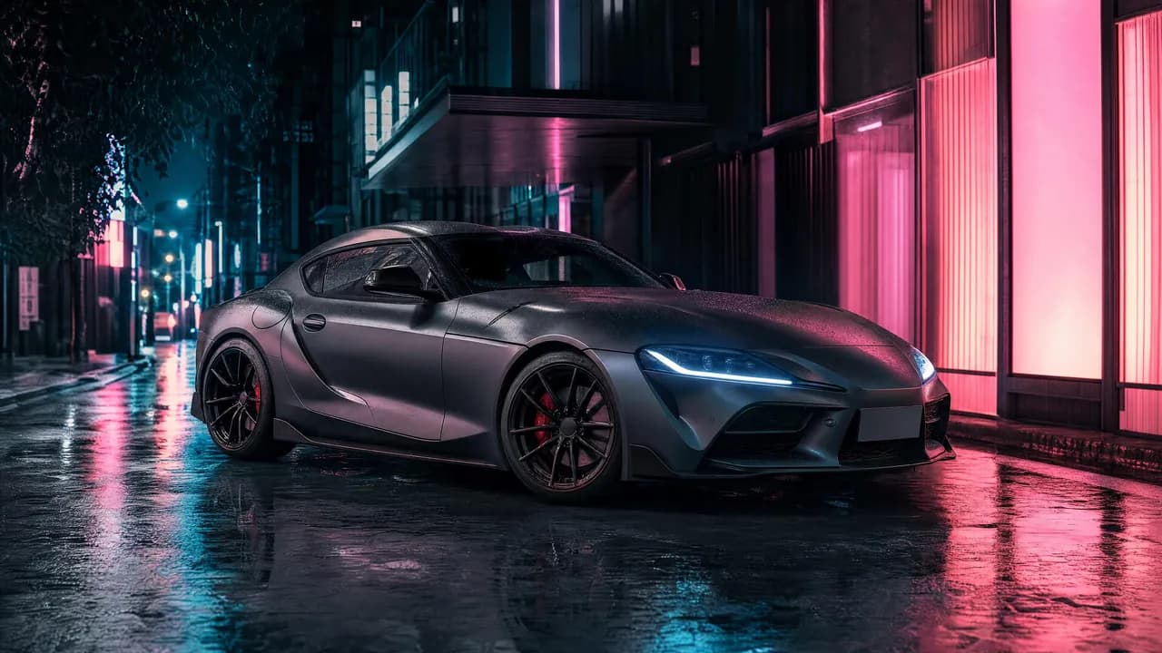Matte grey Toyota Supra MK5 in a neon city at night