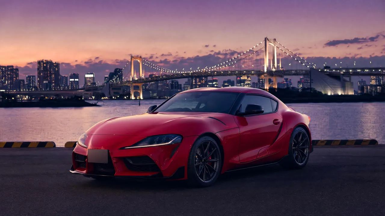 Red Toyota Supra MK5 by Tokyo Bay at dusk