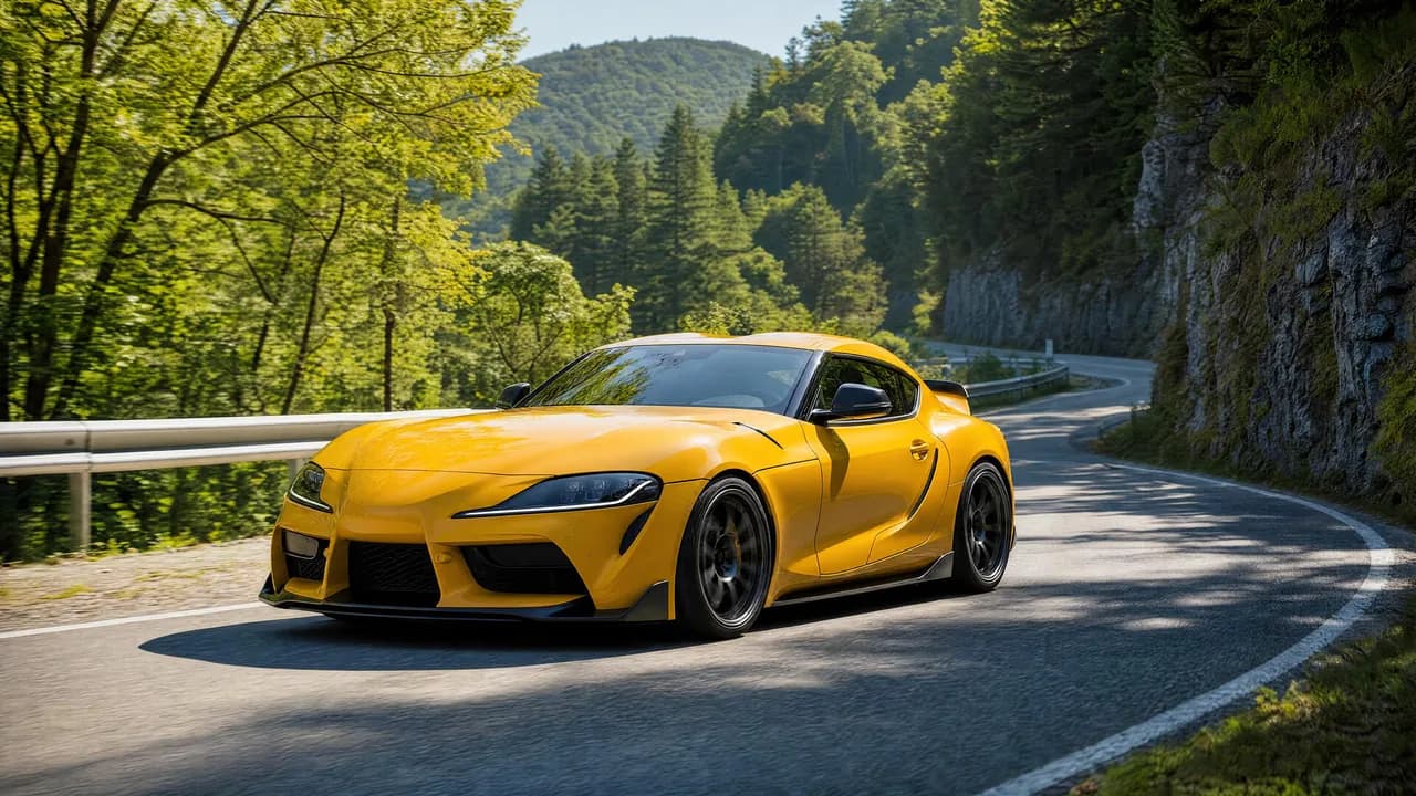 Yellow Toyota Supra MK5 on a Japanese mountain road