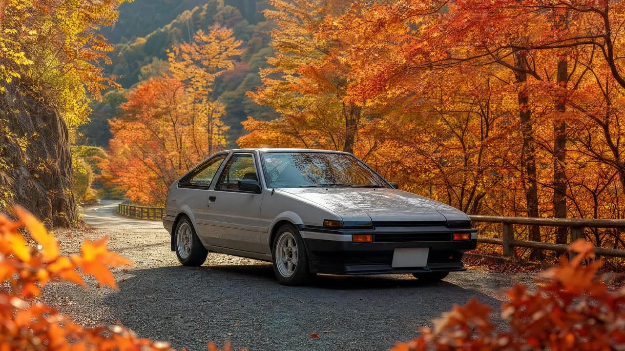 AE86 on a mountain road with autumn leaves