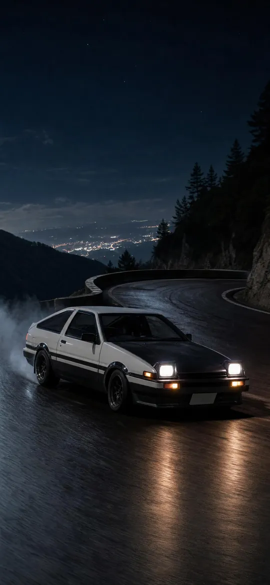 AE86 drifting on a mountain pass, phone wallpaper