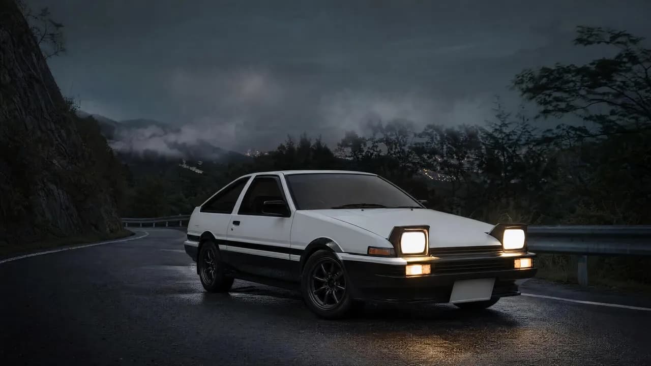 Black and white AE86 Trueno on a mountain pass at night