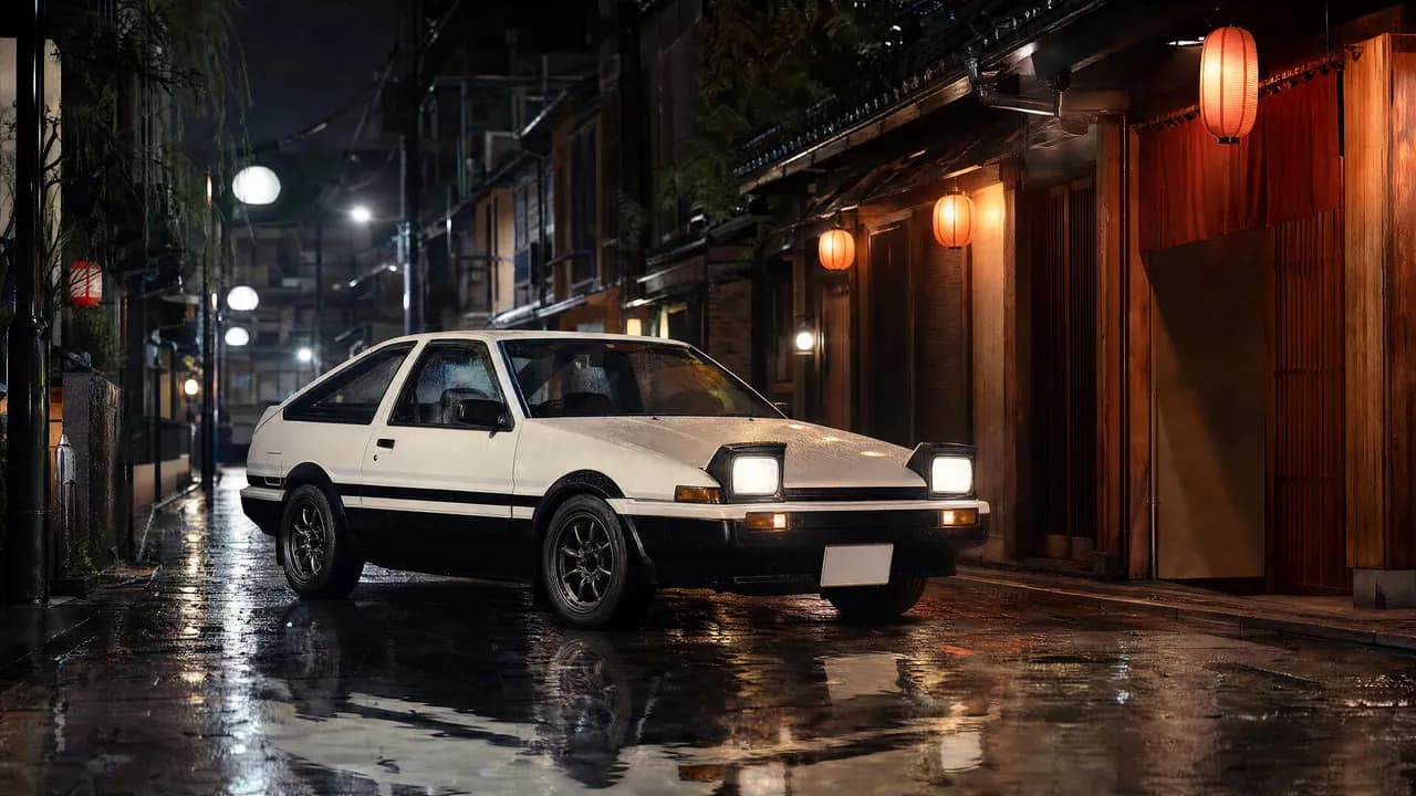 AE86 Trueno on a rainy Tokyo street