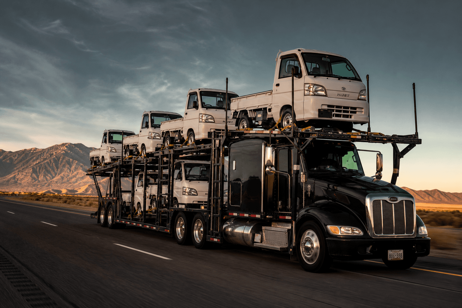 US car hauler loaded with kei trucks driving on an interstate highway