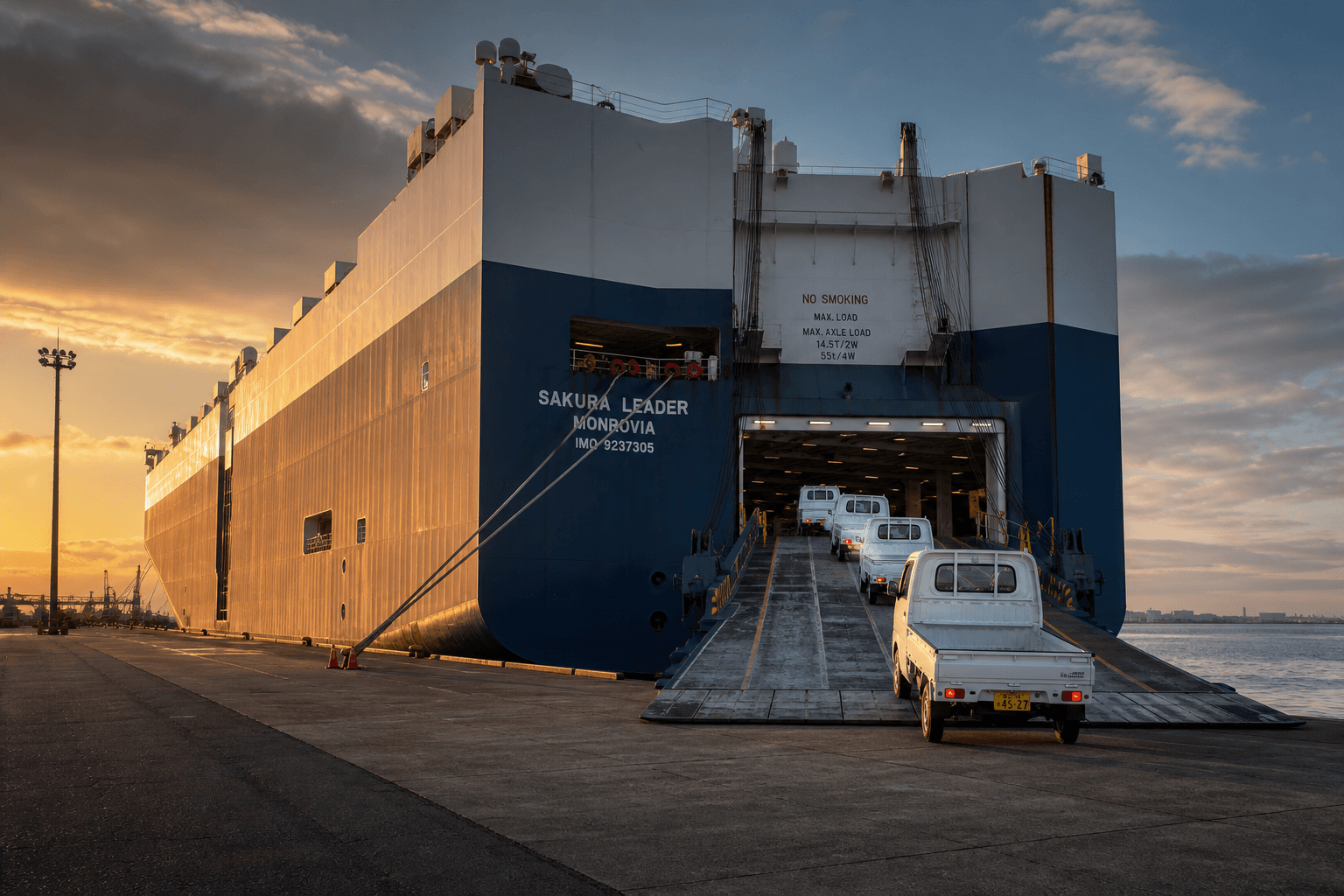 Kei trucks rolling onto a RoRo car carrier ship bound for the US